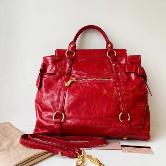 Miu Miu Bow Bag Red Patent Leather Gold Accents X-Body Strap Large Shoulder Bag - Picture 2 of 10